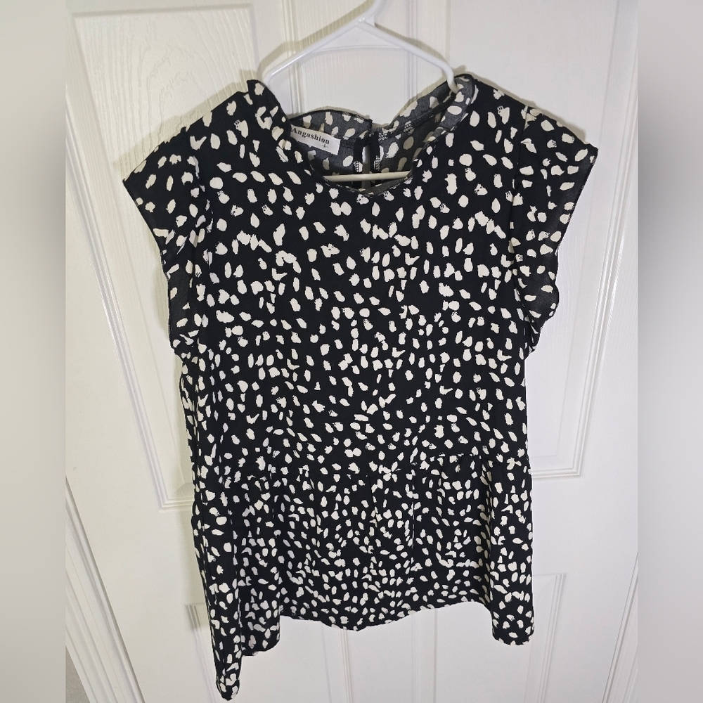 Womens Flutter Sleeve Black White Polka Dot Casual Top Large